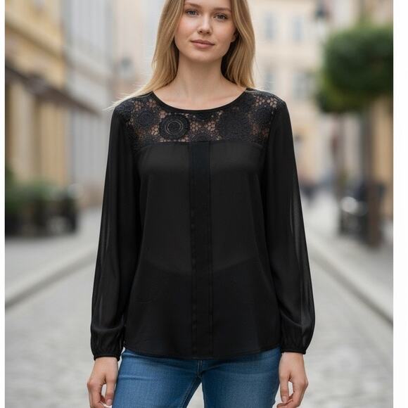 41 Hawthorn Top Womens M Black Chiffon Lace Semi Sheer Relaxed Blouse Whimsygoth - Picture 1 of 15